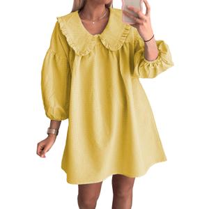 2025 Women's Babydoll 3/4 Puff Sleeve Plaid Mini Dress Lapel Doll Collar Loose Y2k Dress (Yellow), Small