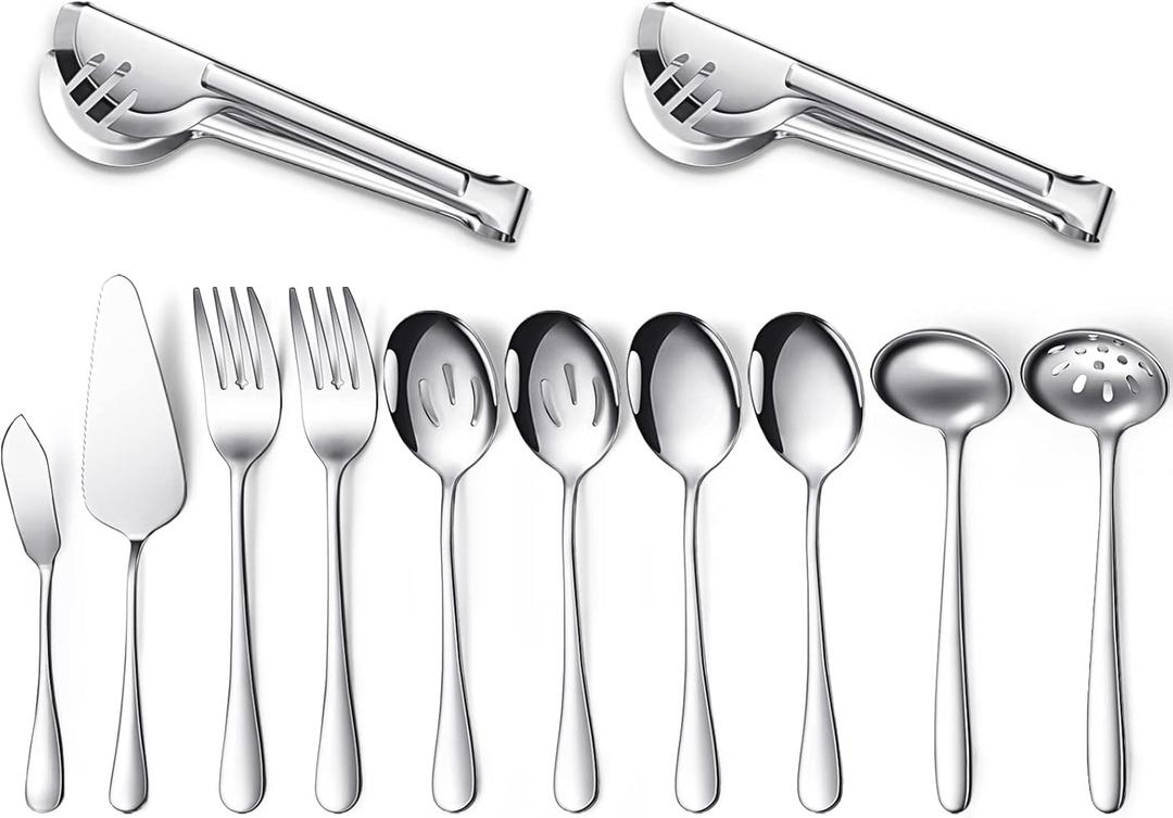 Patelai Serving Utensils Set Include Stainless Steel Large Spoons Slotted Spoons Forks Tongs Soup Ladle and Pie Server for Parties Buffet Catering, Dishwasher Safe(Silver,12 Pieces)