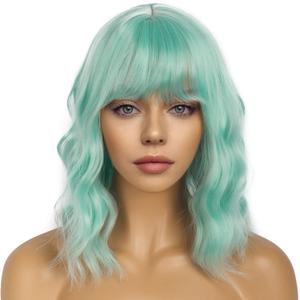 Short Bob Wigs with Bangs for Women Loose Wavy Wig Curly Wavy Shoulder Length Bob Synthetic Cosplay Wig for Girl Colorful Costume Wigs (Mint Green)