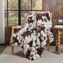 Lotus Karen Faux Fur Throw Blanket Cow Print-Dark Brown, Fluffy Fuzzy Plush Bubble Blanket for Couch, 60x50 Inches Cozy Shaggy Rabbit Blanket, Luxury Decorative Gifts for Sofa Bedroom Living Room