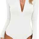 MISSJOY Womens Bodysuit Zipper V Neck Long Sleeve Ribbed Slimming Going Out Body suits Tops White M