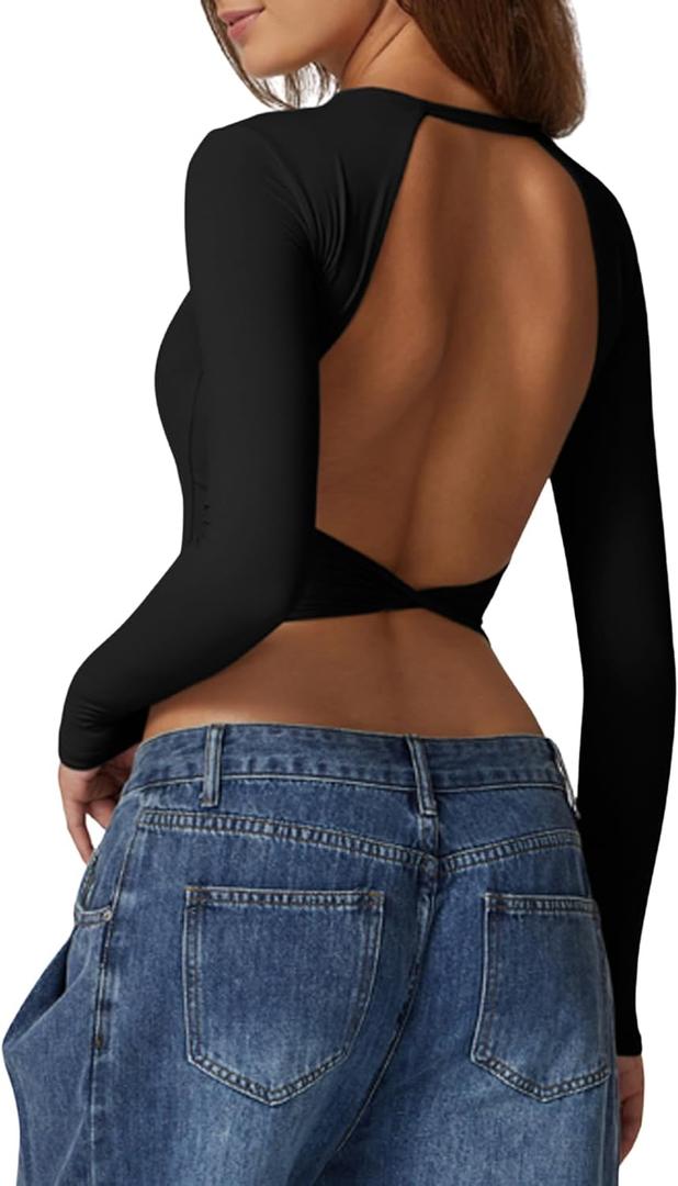 QINSEN Women's Crew Neck Open Back Long Sleeve Basic Crop Tops Stretch Backless Going Out Tee Shirt (Large, Black)
