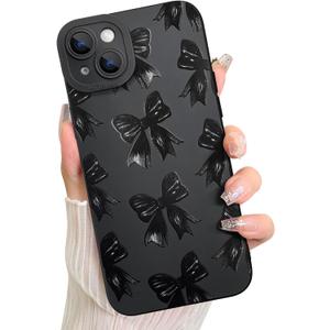 LSL Case for iPhone 15 Black Ribbon Bow Pattern Print Design Soft TPU Full Camera Lens Anti-Drop Anti-Scratch Shockproof Protective Slim Cover for Women Girls