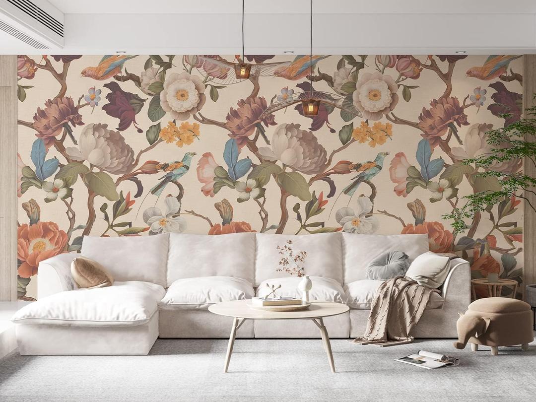 Zeeko Floral Peel and Stick Wall Mural Beige Flower Wallpaper for Bedroom TV Background Vintage Wallpaper Large Floral Wall Murals Art Deco 148" W x 98" H