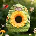 Bird Houses for Outside Green Cottage Resin Birdhouse, Garden Outdoor Decor Bird House with Sunflower and Bees, Birdhouses for Outdoors for Bluebird Finches Cardinals