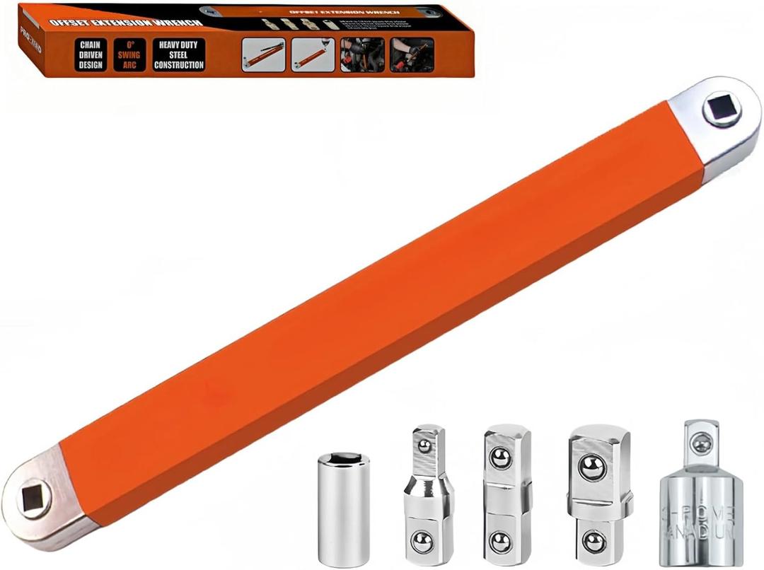 Offset Extension Wrench, Zero Degree Ratchet Extension Set Includes 1/2", 1/4" & 3/8" Drive Adapters, Ideal Universal Ratchet Extensions for Tight Spaces (Orange)