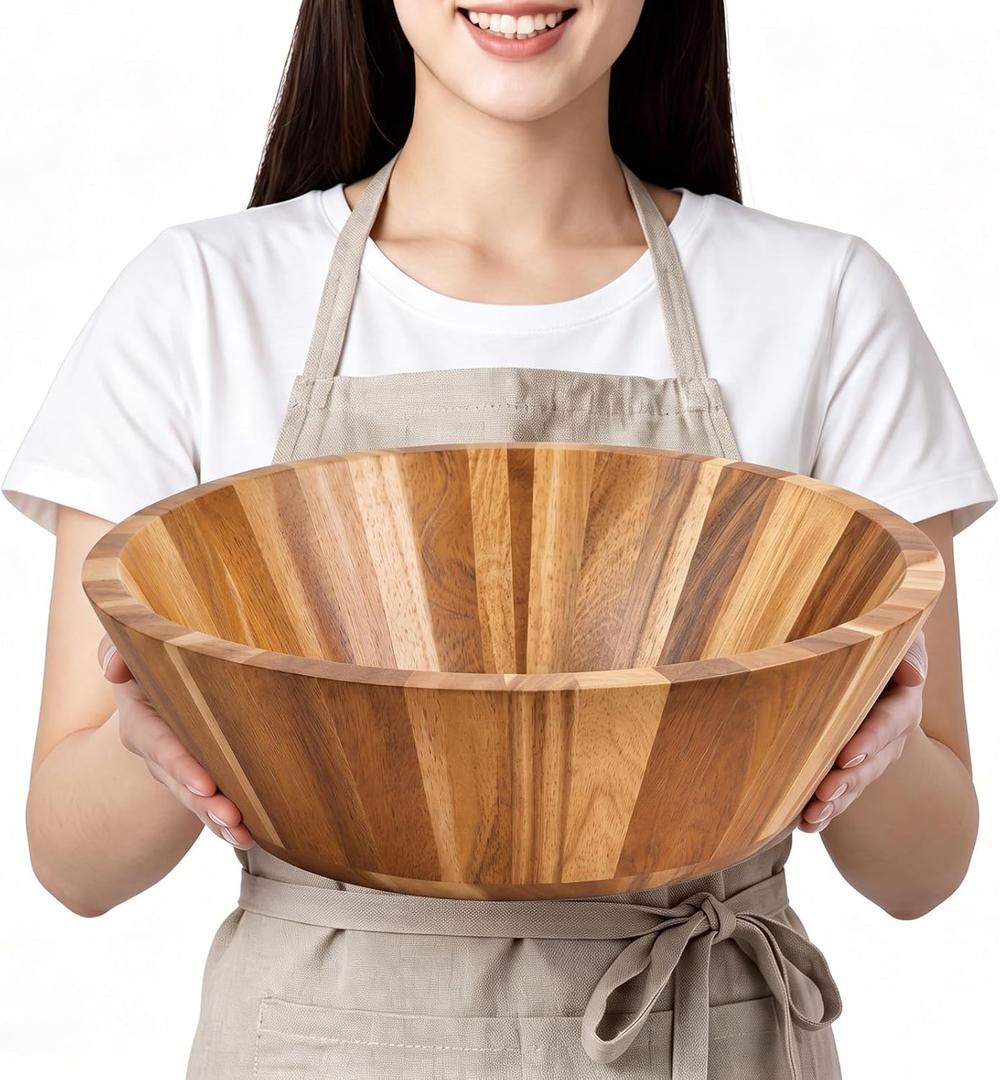 Maxdot 18 Inch Acacia Wood Salad Bowl Extra Large Solid Wooden Serving Bowl Big Acacia Wood Dinnerware Supplies Easy Cleaning for Salad Fruits Pasta Popcorn Dishes Snack and More