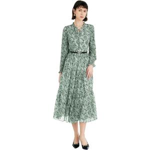 CyperRiver Women's Vintage Floral Print Long Sleeve Dress with Lace Collar and V-Neck Design Mid-Length A-Line Dress, M