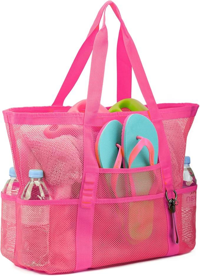 Large Mesh Beach Tote Bag 9 Pockets Lightweight Pool Bags for Sand Toys Family Travel