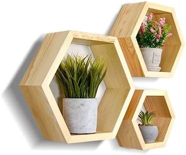 Set of 3 Natural Pine Wood Hexagon Shelves for Wall Decor - Farmhouse Honeycomb Shelves for Living Room Decor, Kitchen Storage, Mounted Storage for Living Room, Kitchen - Durable, Stylish & Versatile