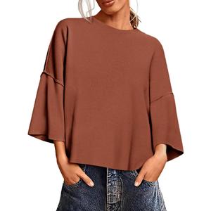 Saodimallsu Womens 3/4 Sleeve Sweaters Lightweight Crewneck Loose Pullover Casual Oversized Fall Knit Tops (XL)
