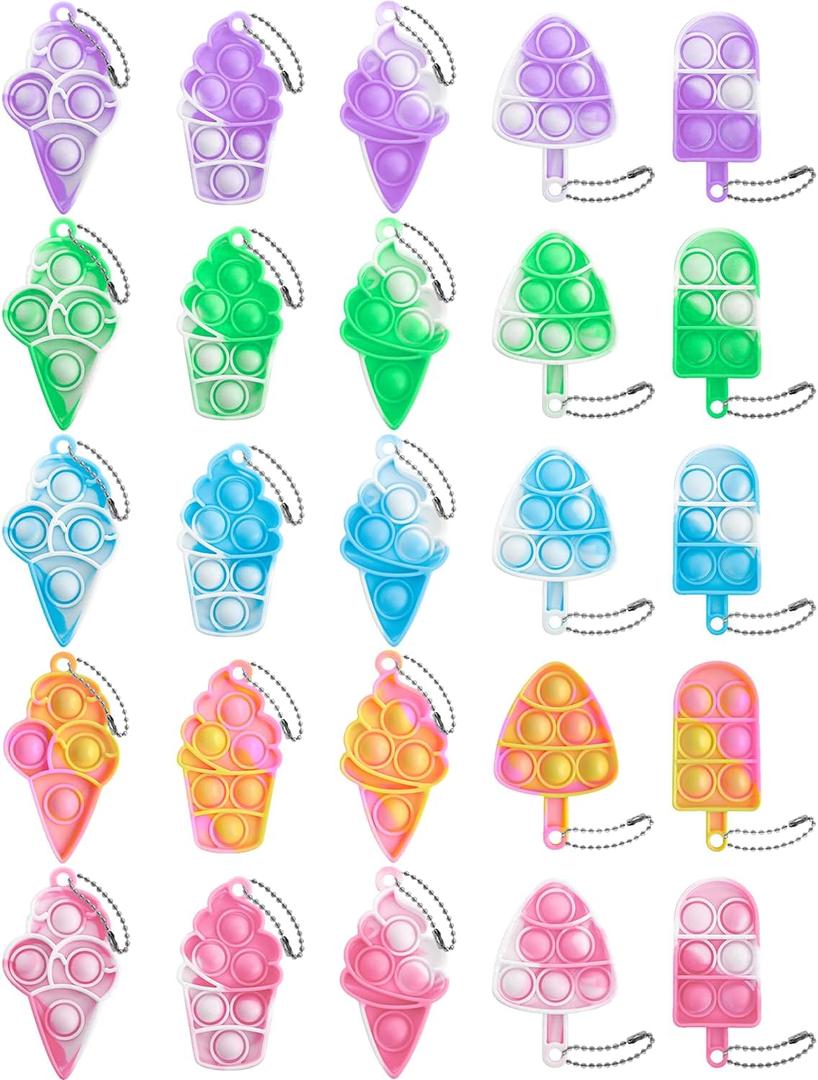 25Pcs Mini Ice Cream Pop Keychain Fidget Toys, Ice Cream Party Favors Supplies, Silicone Mini Pop Toys Birthday for Kids Anxiety Stress Reliever for Adults