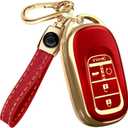 Lucrum Compatible with Honda Key Fob Cover & Leather Keychain - TPU Keyfob Case for Accord Civic CR-V HR-V Pilot Ridgeline, For 5 Button Remote (2022-2026) - Red and Gold