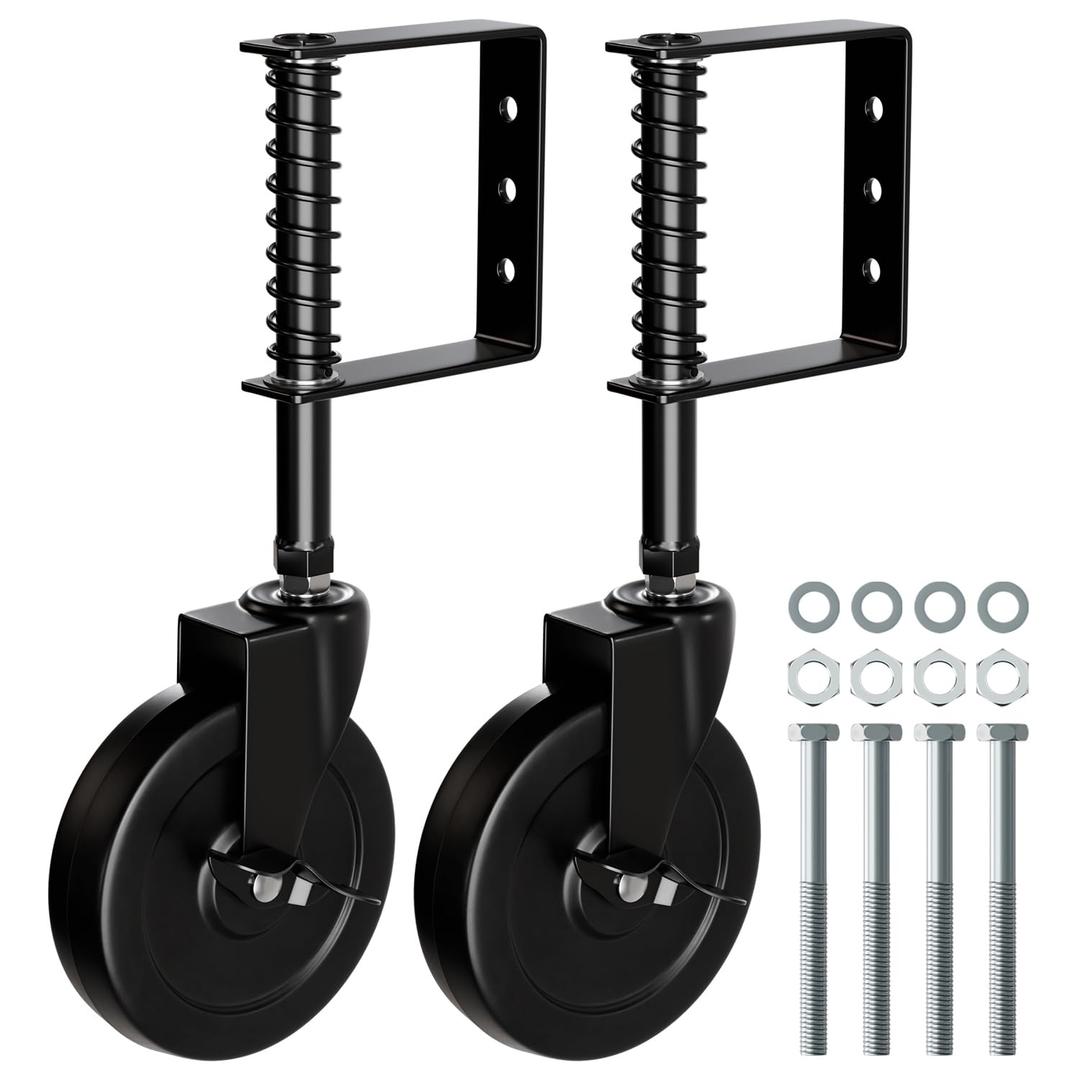 5" Heavy Duty Gate Caster with Side Brake, Spring Loaded Gate Wheels, Gate Caster Wheel with 360 Rotation for Wooden Gate Fence, Metal Tube Gate, 220 Lbs Capacity, Black, 2 Pack