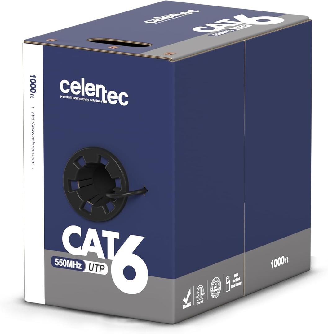 celertec CAT6 Ethernet Cable, 1000ft, 23AWG Solid Bare Copper, Unshielded Twisted Pairs(UTP), 550MHz, ETL Listed &CMR Riser Rated, Indoor, Bulk Ethernet Cable, Pull Box -Black