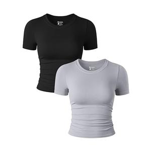 OQQ Womens 2 Piece Shirts Short Sleeve Crew Neck Ruched Stretch Fitted Tee Shirts Crop Tops Black Grey S