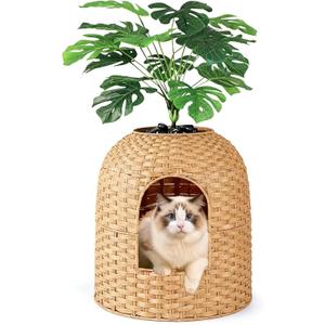 Cat Litter Box Hidden Planter Enclosure, Handwoven PE Rattan Cat Bed Cave House, Wicker Cats Toilet Furniture for Indoor Corner Living Room Bedroom Balcony