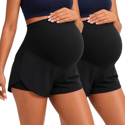 Coume 2 Pack Women's Maternity Shorts Over Belly Workout Yoga Athletic Running Quick Dry Pregnancy Summer Shorts with Pocket (M)