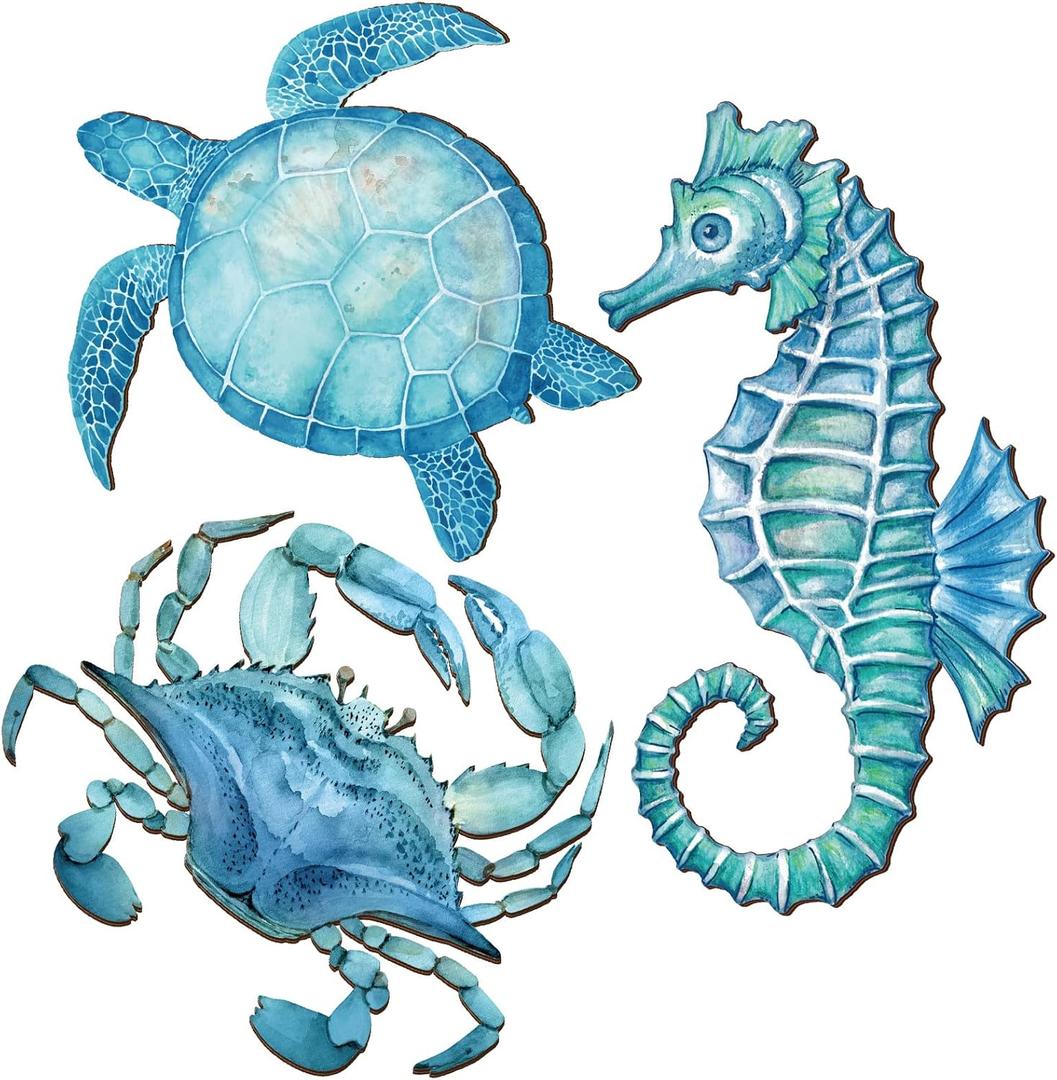Tatuo 3 Pcs Summer Coastal Wall Decor Bathroom Beach Blue Wall Art Sea Turtle Surfboard Seahorse Starfish Seashell Conches Crabs Sea Life Decor for Bedroom Home (Ocean Style)