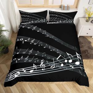 Musical Note Bedding Set Staff Pattern Comforter Cover for Kids Adult Classic Music Themed Duvet Cover Black and White Bedspread Cover Room Decor 2Pcs with 1 Pillowcase Twin Size (No Comforter)