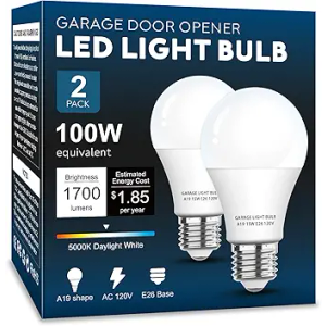 Garage Door Opener LED Light Bulb 2 Pack，15W Equivalent to 100W Garage Light Bulb,A19 5000K Daylight White E26 Base 120V Outdoor Light Bulbs,Minimize Interference,Dimmable