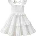 Toddler Girls Summer Smocked Dress Flutter Sleeve Tiered Ruffle Sundress (White, 3-4Y)