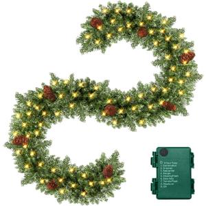 9FT Christmas Garland Pre-lit 50LED Lights Holiday Artificial Decor for Stairs Mantle Door Indoor Outdoor Garland with Battery Operated Timer (Pinecone Green)