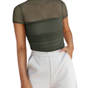 REORIA Women's Sexy Mock Turtle Neck Short Sleeve Shirts Sheer Mesh Ruched Trendy Going Out Bodysuits Tops, M