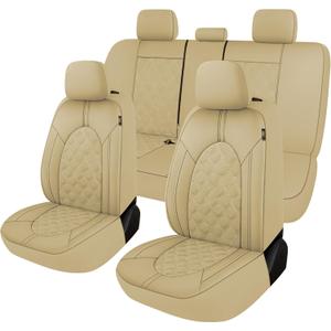 CAROMOP Luxury PU Leather Car Seat Covers Full Set-Waterproof Seat Protectors with Split Bench Seat Covers for Cars-Universal Cars Interior Covers for Sedans, SUVs, Pick-up Trucks(Beige/Beige Line)