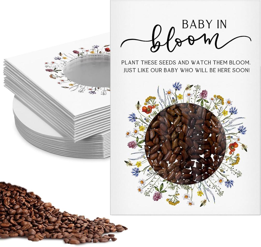 Fumete 50 Pack Baby in Bloom Seed Packets Baby Shower Party Favor for Guest Envelopes Kraft with Clear Window Resealable Seed Organizer Storage Bag for Gender Reveal Party, No Seeds (Colored Flowers)