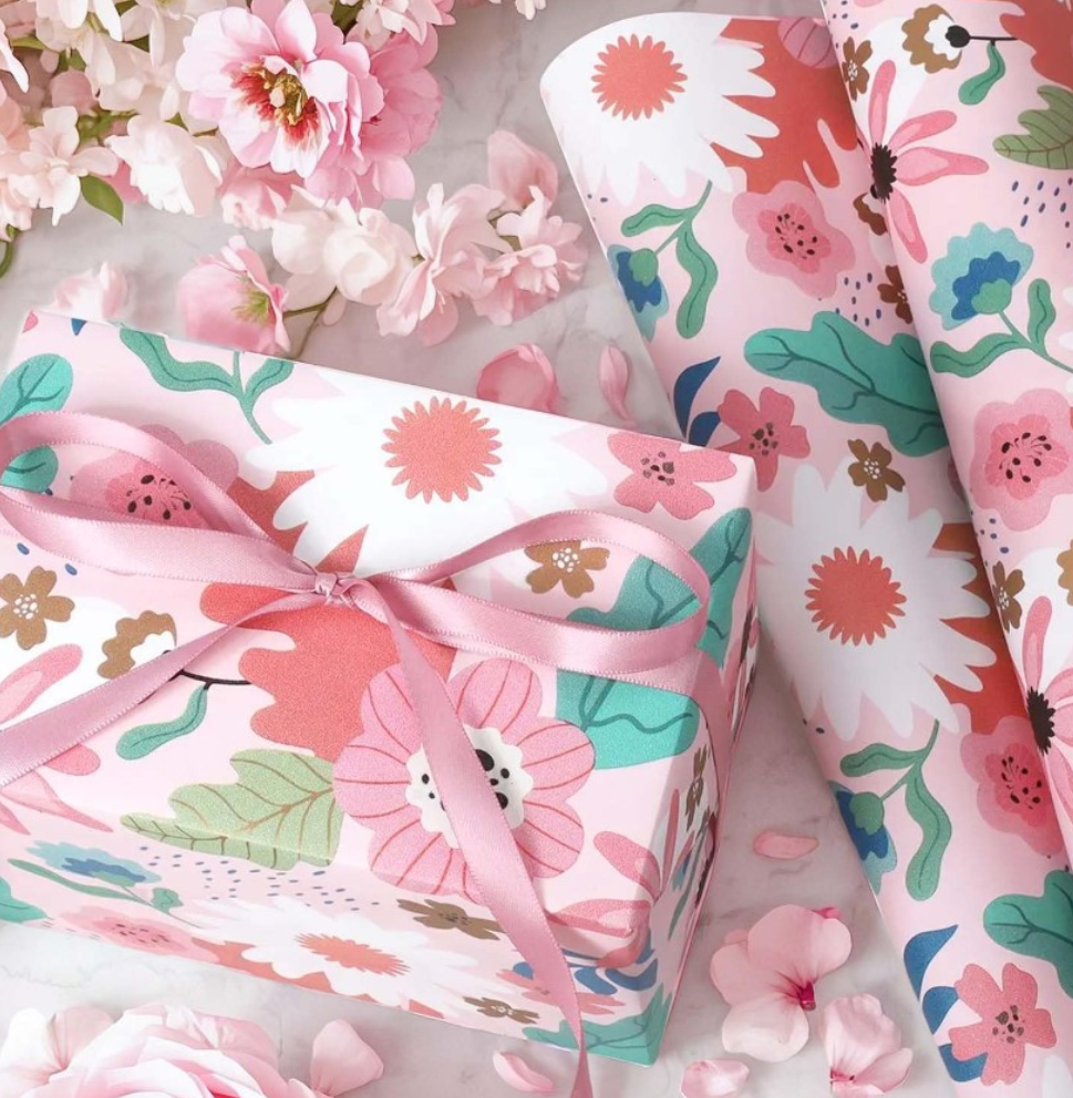 LaRibbons Pink Floral Wrapping Paper Jumbo Roll, 30 Inch X 33 Feet (82.5 sq. ft) Spring Gift Wrap Stone Paper for Wedding, Mother’s Day, Bridal Shower & Birthday