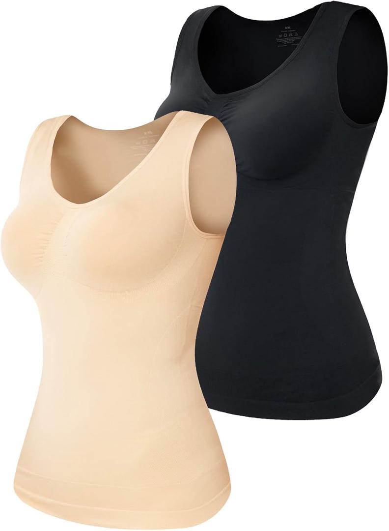 Shapewear Tank Tops for Women-Tummy&Waist Control Compression Camisole Slimming V-Neck Body Shaper Vest (Large, Black+beige)