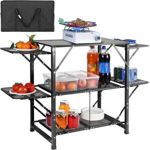 VEVOR Camping Kitchen Table, Aluminum Folding Portable Outdoor Cook Station with 4 Iron Side, 2 Shelves & Carrying Bag, Quick Installation for Picnic BBQ Beach Traveling (Black)