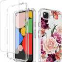 Case for Google Pixel 4A (Not Fit 4A 5G) G025J with Tempered Glass Screen Protector, Floral Design Shockproof Bumper Full Body Protective Cell Phone Cover for Google Pixel 4A (Purple Flower)
