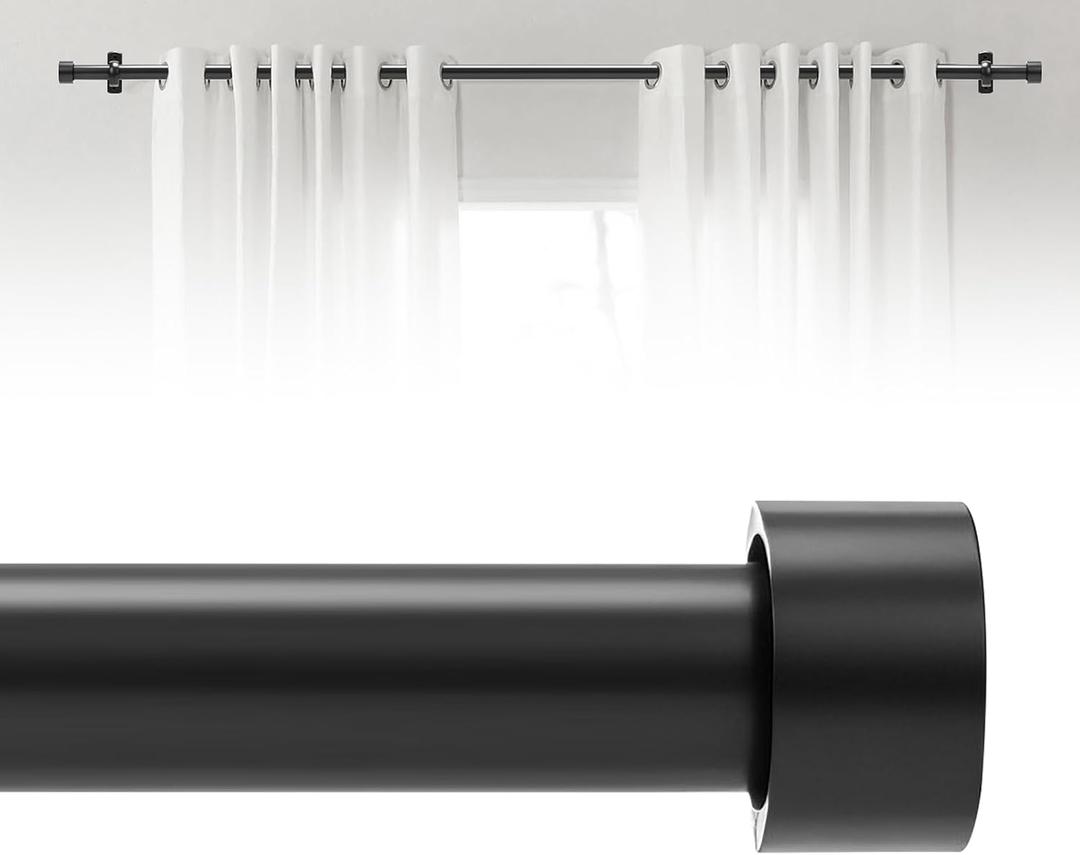 Black Extra Curtain Rods for Windows 30 to 168 Inch(2.6-14 Feet), End Cap Style Adjustable 1 Inch Heavy Duty Outdoor/Indoor Modern Drapery Pole