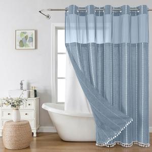 Boho Farmhouse No Hook Shower Curtain Set with Snap-in Fabric Liner, Heavy-Duty Linen Textured Rustic Striped Design, Water-Repellent with Tassels and Sheer Window, Blue, 71x74 inches