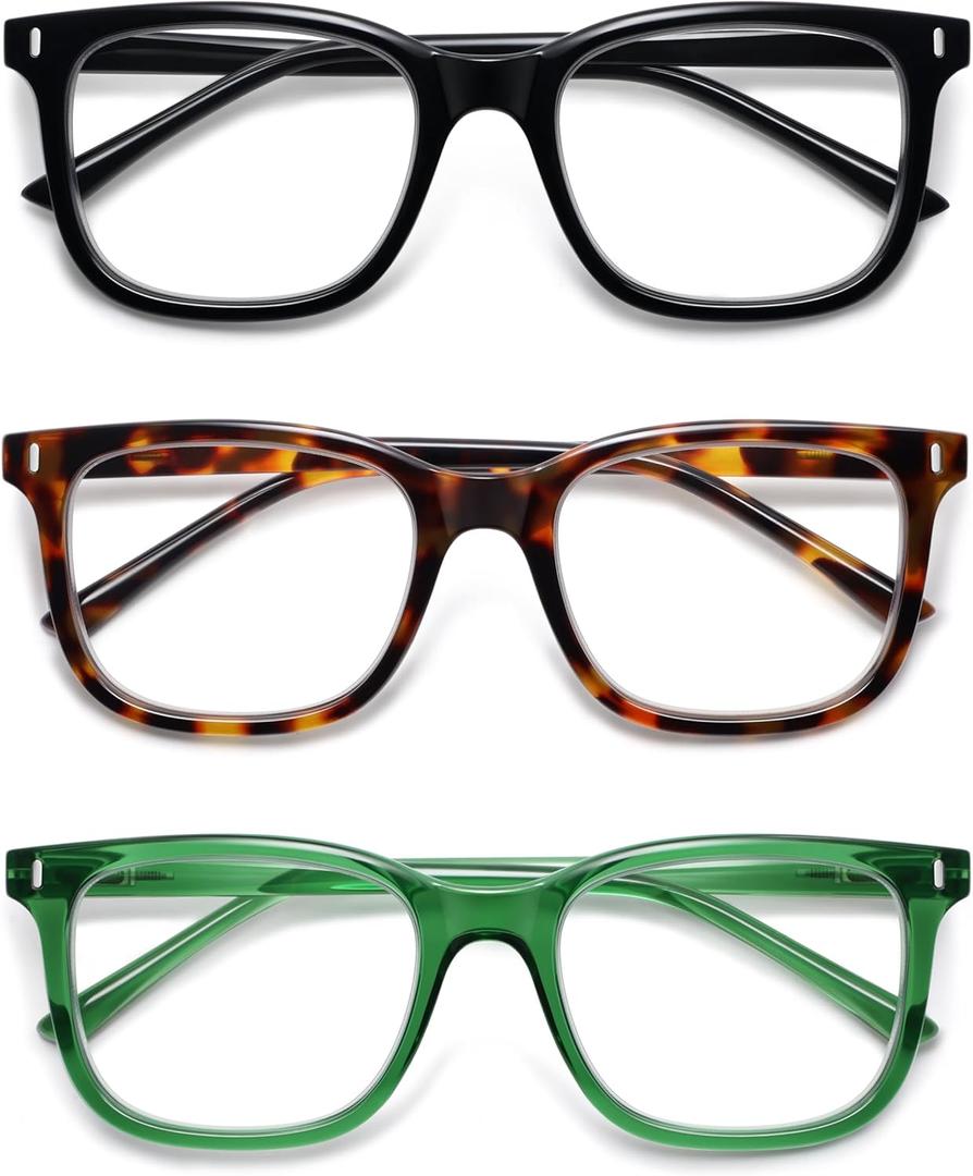 AMOMOMA Trendy Oversized Blue Light Stylish Readers for Women,Retro Square Cute Sturdy Computer Womens Reading Glasses AM6216 (C1+c2+c4 Black/Tortoise/Transparent Green)