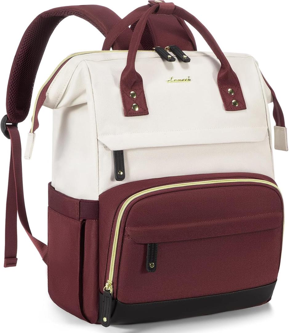 LOVEVOOK Laptop Backpack for Women, 15.6 Inch Work Business Backpacks Purse With Large Capacity, Waterproof Nurse Bag College Bookbag for School, Waterproof Casual Daypack for Travel (Beige-wine Red)