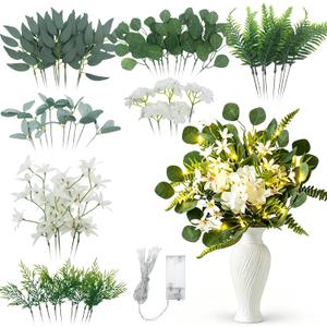 Pimf 60 Pcs Eucalyptus Greenery Stems Bulk, 7 Kinds Mixed Faux Eucalyptus Leaves & Silver Dollar Stems with White Flowers, DIY Wedding Bouquets, Centerpieces & Vase Arrangements with LED Lights