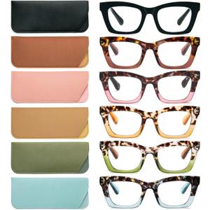 REAVEE 6 Pack Reading Glasses for Women Blue Light Blocking, Cute Square Computer Readers with Spring Hingeб Magnification Strength: 2.0 x