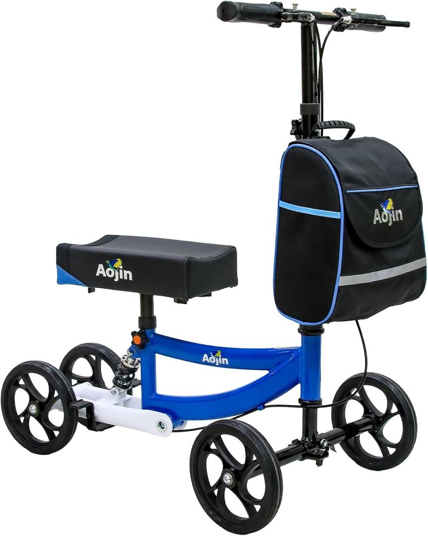 Knee Scooter, 300lbs Capacity, 13" Big PU Seat, All Terrain Foldable Knee Scooter Walker with Bag for Foot Injuries Compact Crutches Alternative (Blue)