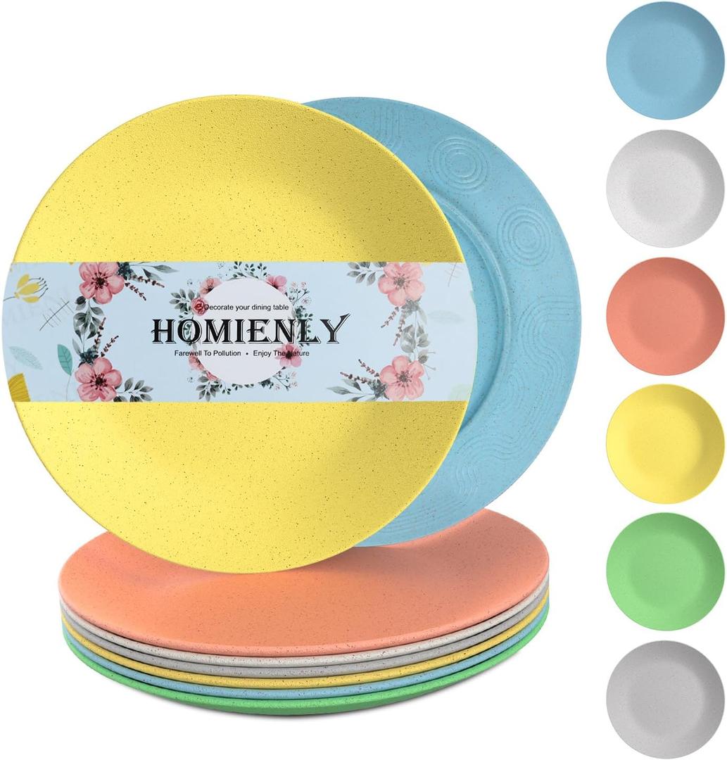 Homienly Wheat Straw Plates Set of 6-9 inch Reusable Unbreakable Microwave Safe Plates for Dessert, Camping, RV, Outdoors, Patio, Kitchen Essentials (Macaron Series) (8.8 IN KIDS SIZE)