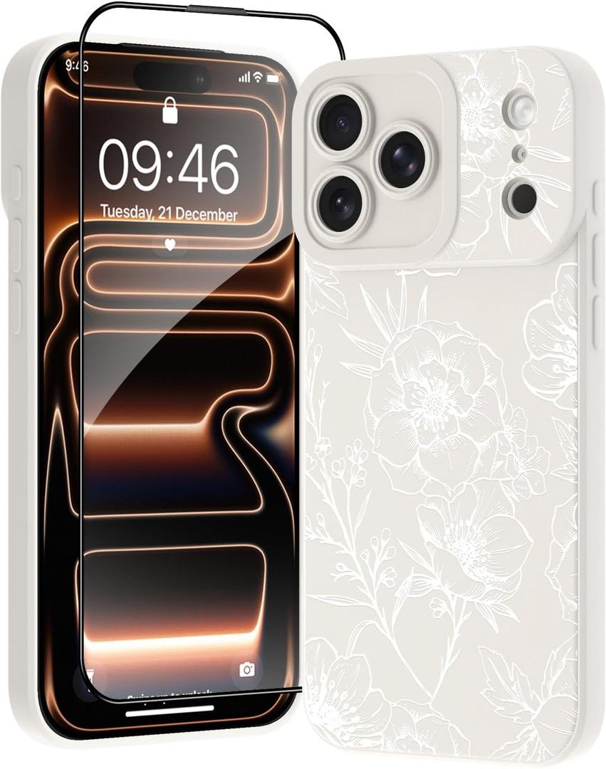 OOK for iPhone 17 Pro Case White Case Cute Flower Floral Design | Soft TPU Full Camera Lens Anti-Drop Anti-Scratch Shockproof Protective with Screen Protector, Gift giving & daily matching