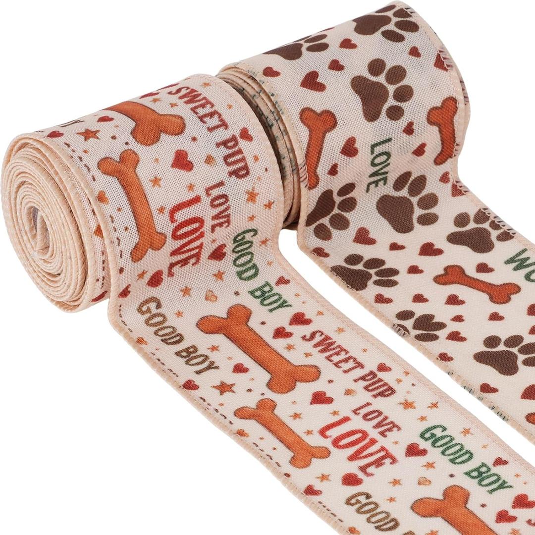 YKW 2 Rolls Dog Bone & Paw Print Burlap Ribbon - 2.5" x 5 Yards Each, Cute Woof and Love Design with Wired Edge, Perfect for Pet-Themed Crafts, Party Decor, Gift Wrapping, Weddings