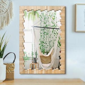 Boho Wall Mirror with Wood Frame, 30"x20" Faux Rattan Decorative Vanity Mirror for Bathroom, Living Room, Bedroom, Entryway(Rectangle) (Natural)