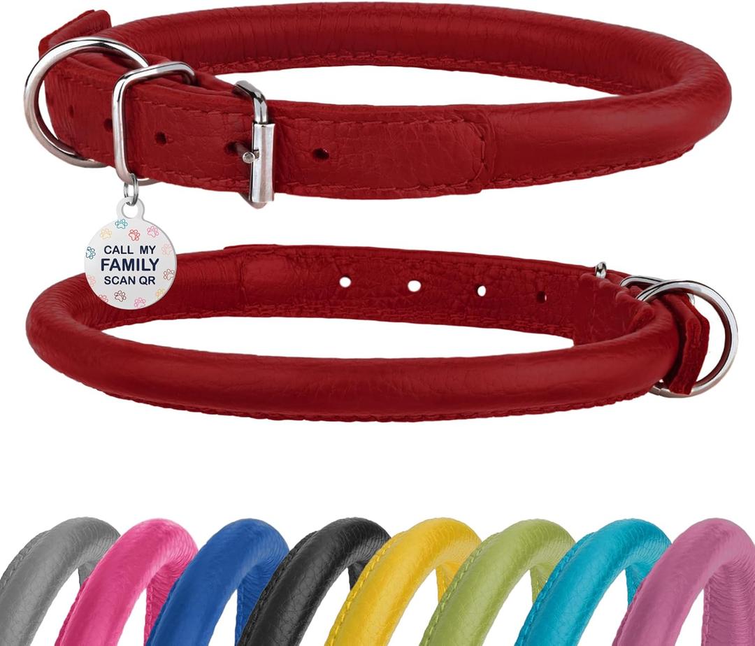 Rolled Leather Dog Collar Soft Round Collars, ID Tag for Small Medium Large Dogs (11-14 inch, Imperial Red)