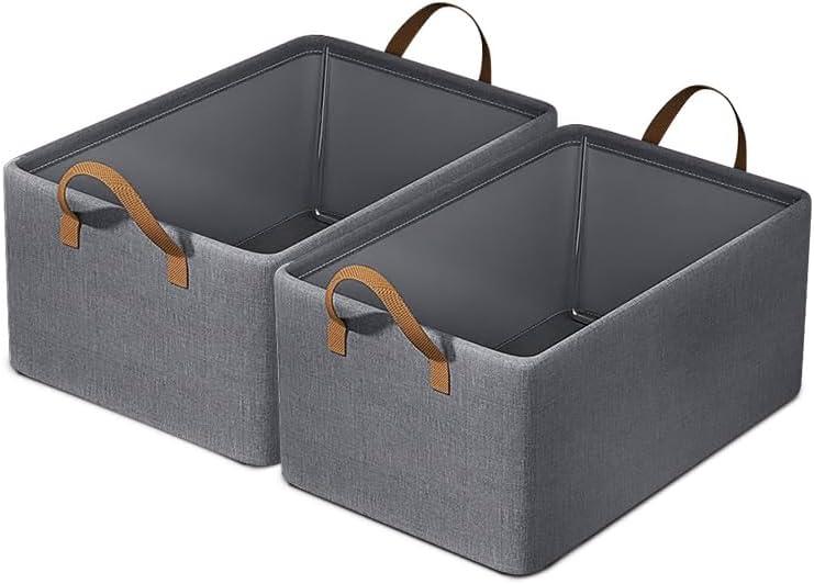 top4cus 2 Pack Large Fabric Collapsible Closet Storage Baskets Bins , Foldable Closet Organizers with Handles , Decorative Collapsible Open Storage Bins for Organizing Clothes Toy Nursery Shelves