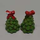 Christmas Tree Salt and Pepper Shaker Set, Ceramic, 3 Inches High, Green with Red Bow, Holiday Table Decor