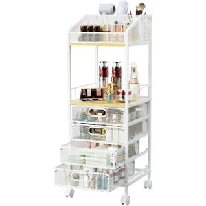 HapiRm Makeup Organizer Storage Cart - Floor Skincare Make Up Storage with 4 Drawers, Rolling Makeup Cart Vanity Organizer Cosmetics Display Cases Holder for Skin Care Perfume Nail Polish (Natural)