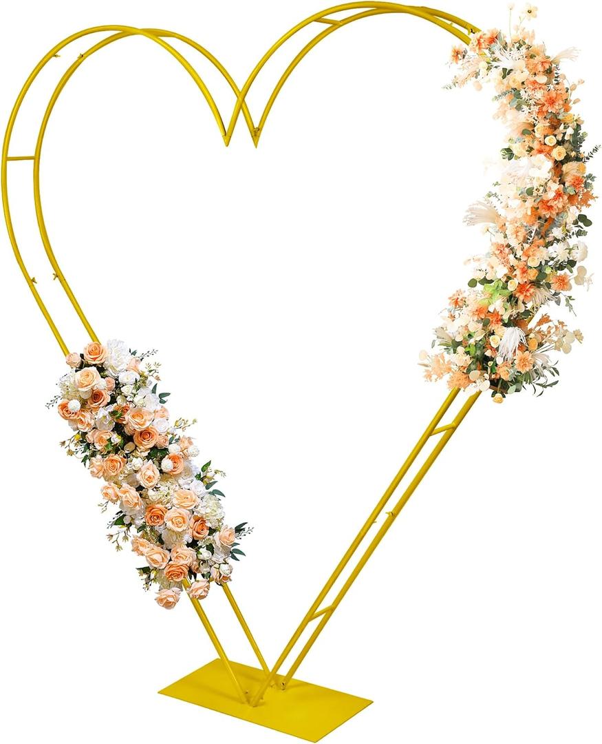 7FT Metal Heart Arch Double Heart Shaped Balloon Stand Wedding Arch for Proposal Ceremony Valentine's Day Birthday Party Baby Shower Decoration (Gold)